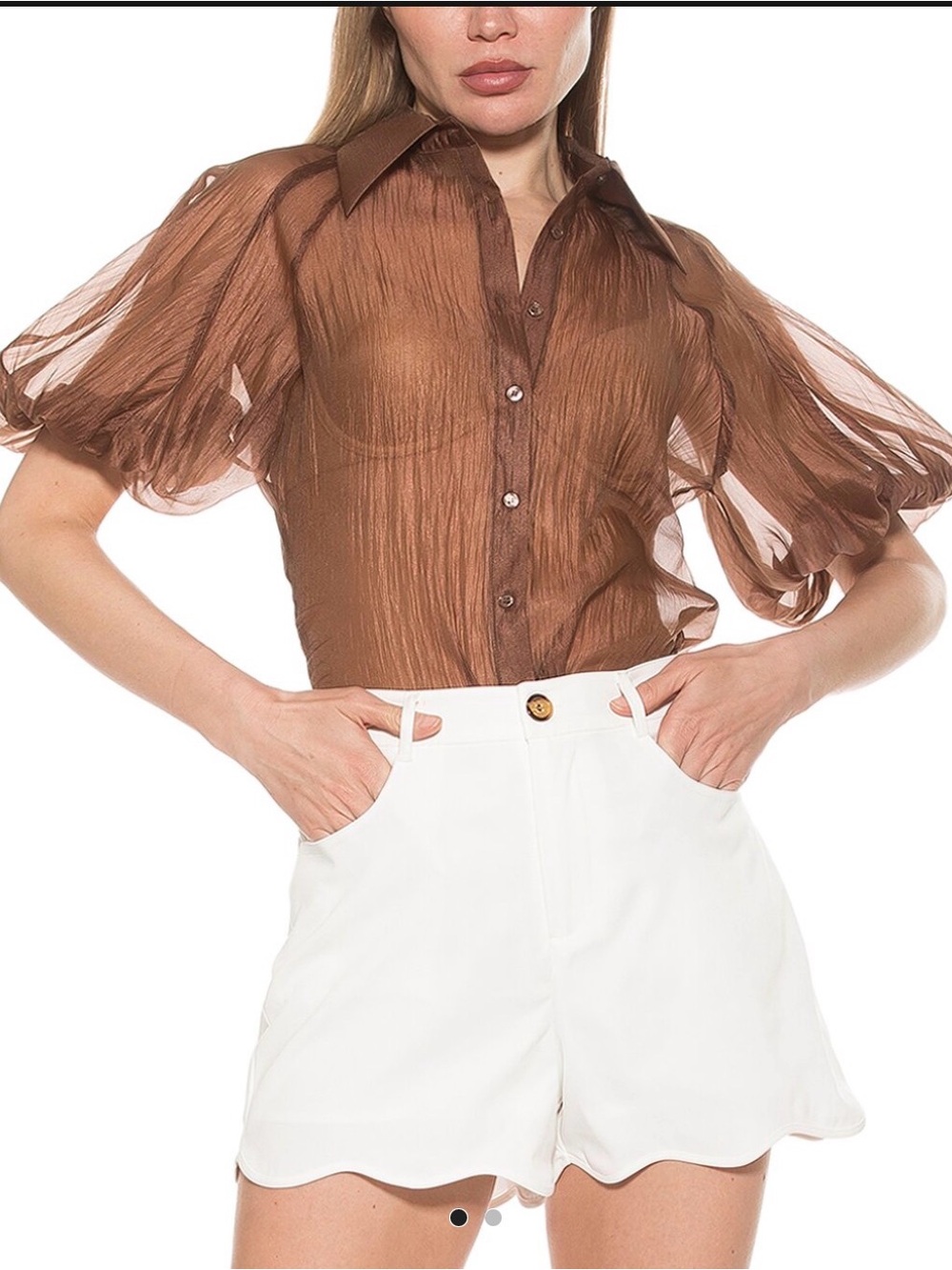 Alexia Admor M(8/10) Sheer Short Puff-Sleeve, Button Down Top, NWT